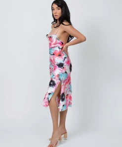 KILO BRAVA SATIN JACQUARD FLORAL COWL MIDI SLIP